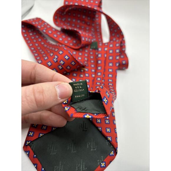 Ralph Lauren Silk Necktie Hand Made USA Red With Blue Dot Flowers Polo Tie 56” - Picture 6 of 7